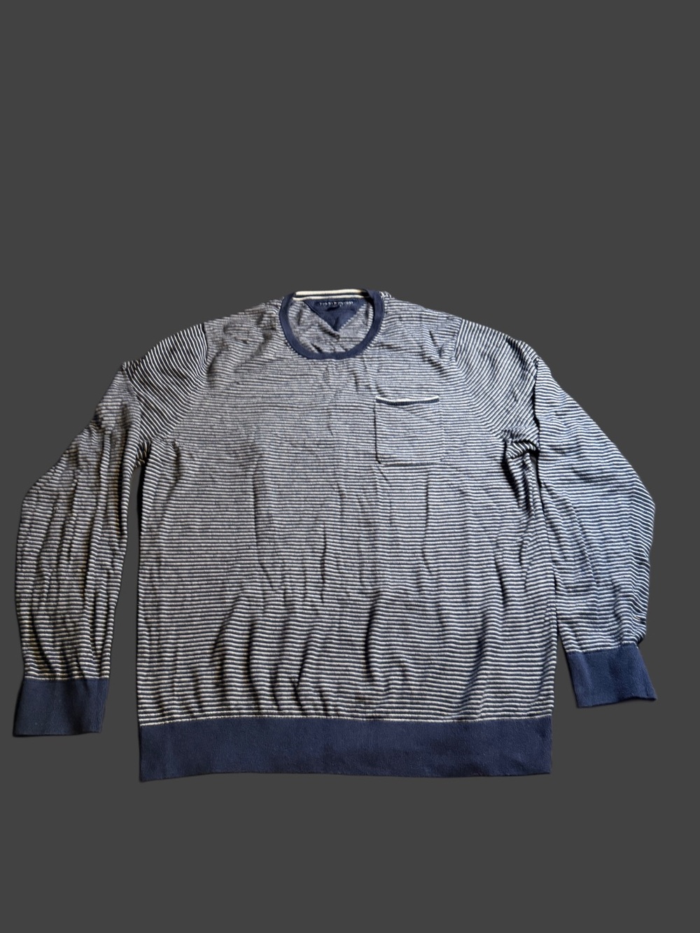 Tommy Hilfiger Navy and White Striped Crewneck Sweater